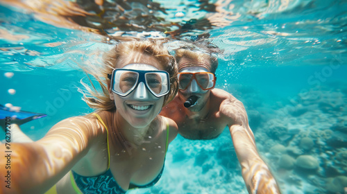 Happy young women in snorkeling mask dive under turquoise water with fishes in coral reef sea pool. Travel lifestyle, water sport outdoor adventure, swimming or diving lesson on summer beach holidays photo