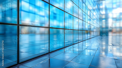 Blurred background of a beautiful modern spacious office room with panoramic windows and a perspective in pleasant blue tones