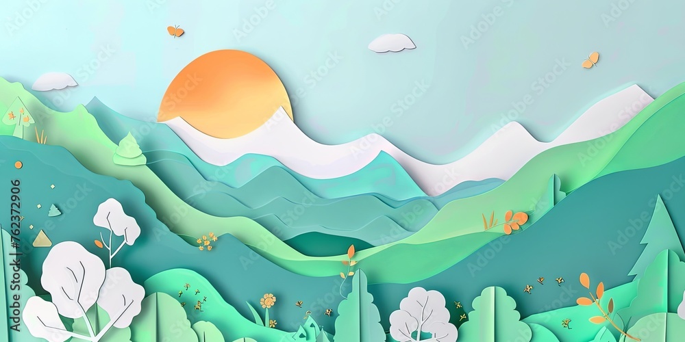 Nature style paper cut background illustration with sun, mountains, birds and clouds.