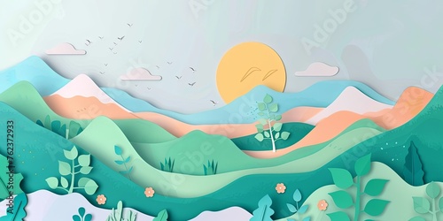 Nature style paper cut background illustration with sun, mountains, birds and clouds.
