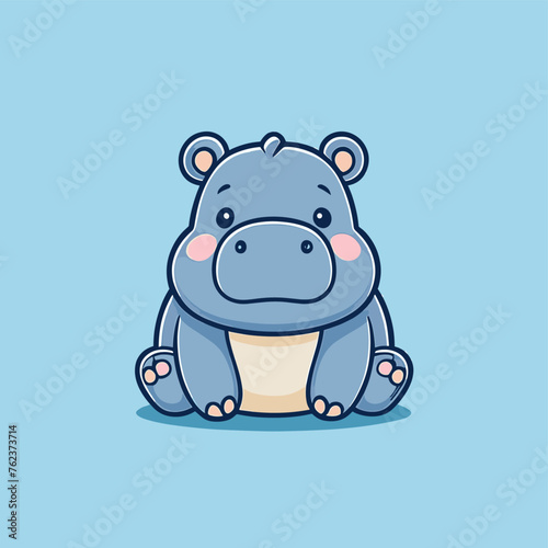 Cute Kawaii Hippopotamus Vector Clipart Icon Cartoon Character Icon on a Baby Blue Background