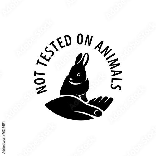 Cruelty free icon. Not tested on animals logo sticker for animal friendly product packaging. Cute little rabbit with text in circle. Vegan eco cosmetics ingredients list. Black and white illustration