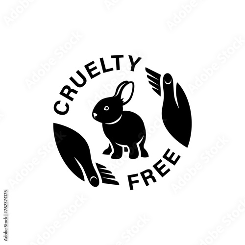 Cruelty free icon. Not tested on animals logo sticker for animal friendly product packaging. Cute little rabbit with text in circle. Vegan eco cosmetics ingredients list. Black and white illustration