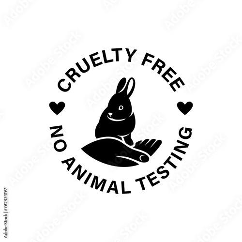 Cruelty free icon. Not tested on animals logo sticker for animal friendly product packaging. Cute little rabbit with text in circle. Vegan eco cosmetics ingredients list. Black and white illustration (ID: 762374197)