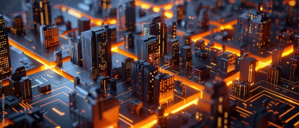 Building smart city structure with neon line on circuit board