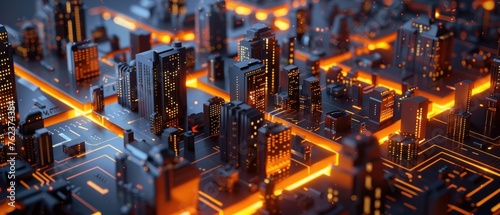 Building smart city structure with neon line on circuit board © artbot