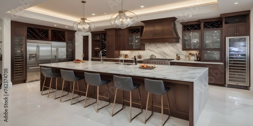 An exquisite picture of a gourmet kitchen, featuring a pristine marble countertop, high-end appliances, and an impressive wine storage area.