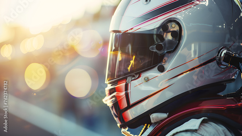 Close up of racing driver in white helmet with blurred background