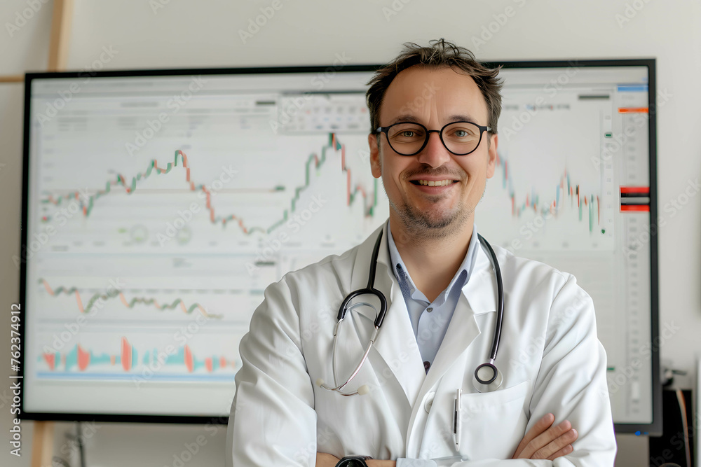 Portrait of confident doctor and background is monitor screen stock chart or financial data or company information in white room, investing in healthcare stocks concept Portrait of confident doctor and background is monitor screen stock chart or financial data or company information in white room, investing in healthcare stocks concept