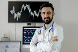 Portrait of confident doctor and background is monitor screen stock chart or financial data or company information in white room, investing in healthcare stocks concept