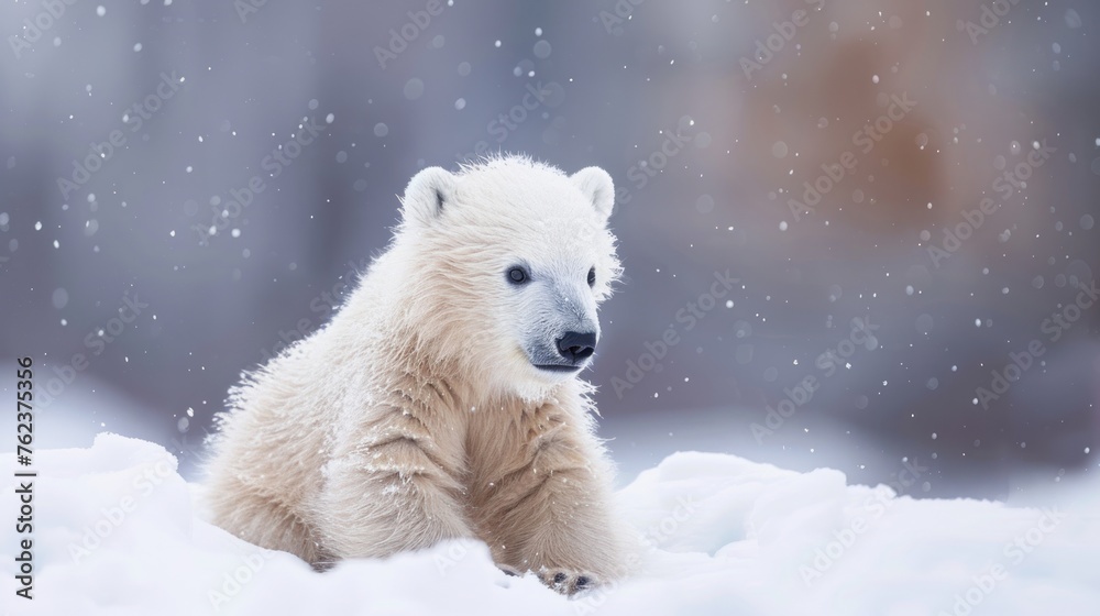 Adorable baby polar bear playing snow winter