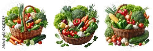 Composition with vegetables and fruits in wicker basket isolated on transparent background