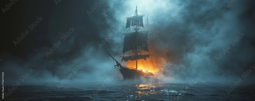 Fototapeta premium Jolly Roger in a phantom chase through misty seas, spectral flames outlining its hull, under a dark, starless sky