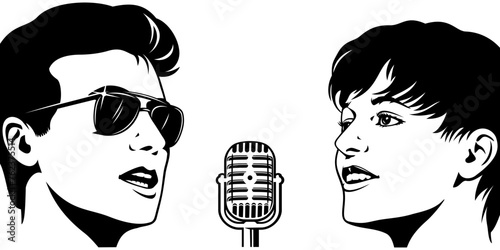 Man and woman singers. Concert, karaoke or music show poster with copy space. Outline ink style vector illustration.