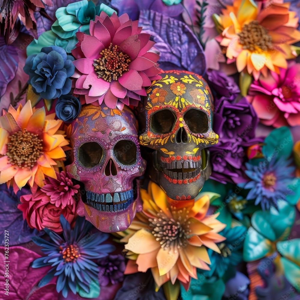 3D art piece featuring delicate flower petal textures and vibrant colors inspired by Day of the Dead traditions