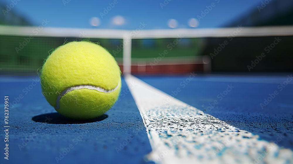 Tennis ball on the blue court. Selective focus.