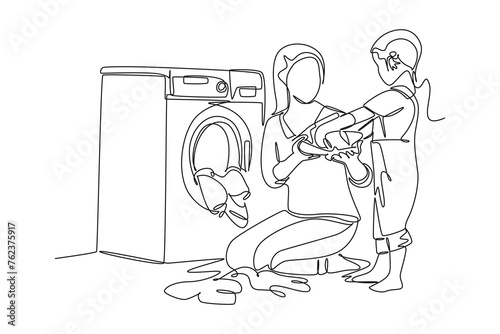 Single continuous line drawing of mother teach children to wash clothes to maintain cleanliness. Medical health care service workers concept one line draw design vector illustration