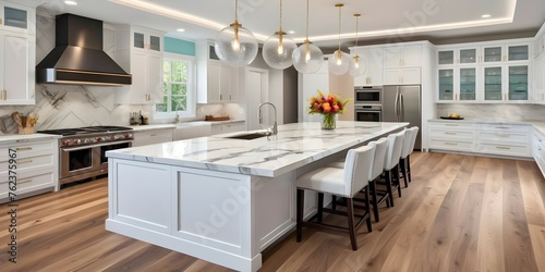 A luxury kitchen with a large kitchen island covered in a quartz countertop. The sleek white cabinets blend seamlessly with the wooden floor, exuding elegance and sophistication.