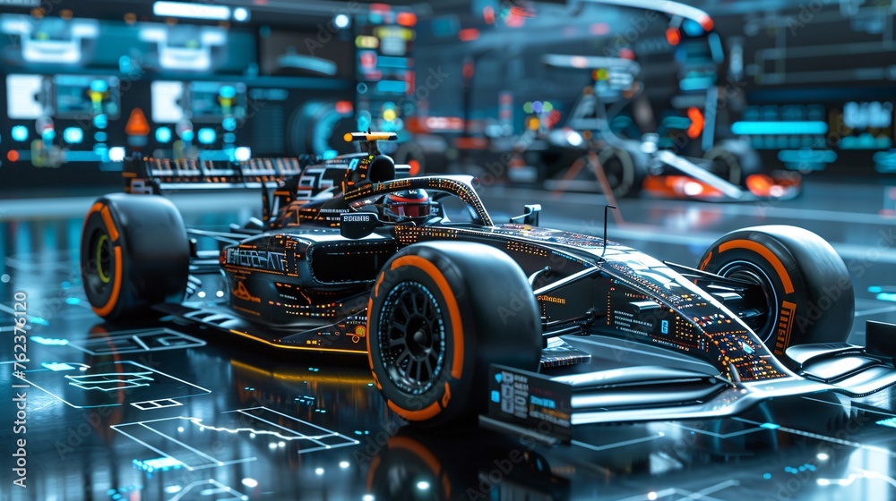 Design a Formula One car schematic brimming with futuristic details, set against a backdrop of data clouds and a dynamic GUI interface, all rendered with Unreal Engine's cutting-edge capabilities