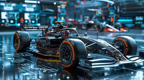 Design a Formula One car schematic brimming with futuristic details, set against a backdrop of data clouds and a dynamic GUI interface, all rendered with Unreal Engine's cutting-edge capabilities © growth.ai