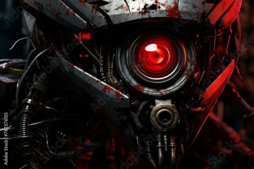 Frightening Robot red eyes. Face skull metal. Generate Ai © juliars