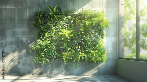 A verdant vertical garden flourishes against a stark concrete wall, blending nature with urban design.