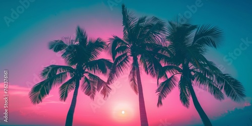 Palm trees and 80s retro neon lights tropical sunset with a vintage Miami feel