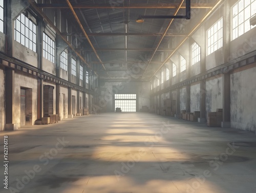 Spacious empty warehouse with dusty floor, sunbeams entering through large windows, creating a serene yet forlorn atmosphere.