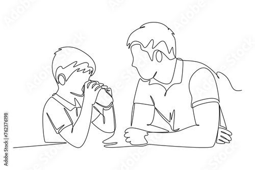 Single continuous line drawing of father told the child to drink enough water. Medical health care service workers concept one line draw design vector illustration