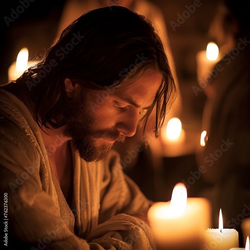 Jesus in a realistic candlelit room praying deeply conveying a sense of spiritual intimacy and devotion 920