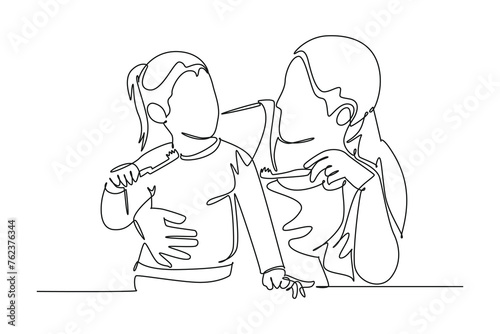 Single continuous line drawing of mother and daughter brushing teeth. Medical health care service workers concept one line draw design vector illustration