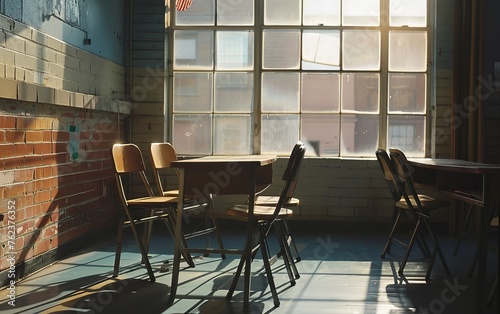 Desks and chairs in solitude the morning light heralds the daily quest for education
