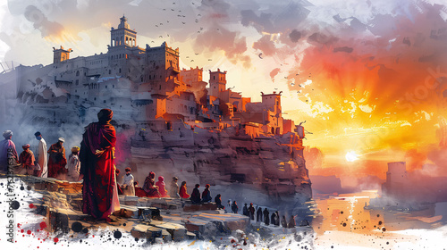 Artistic depiction of ancient city at sunset with silhouettes of people and vibrant sky.