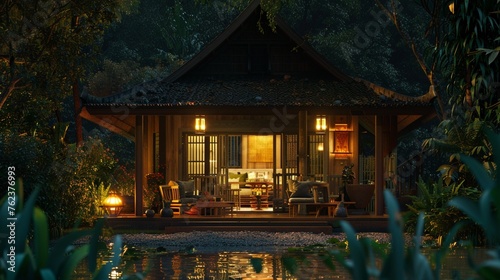A cozy Thai house at night, its windows glowing, with a closeup on the food being prepared inside