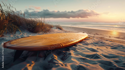 Surfoard Positioned On A Sandy Shoreline. Surfboard On A Beach Background