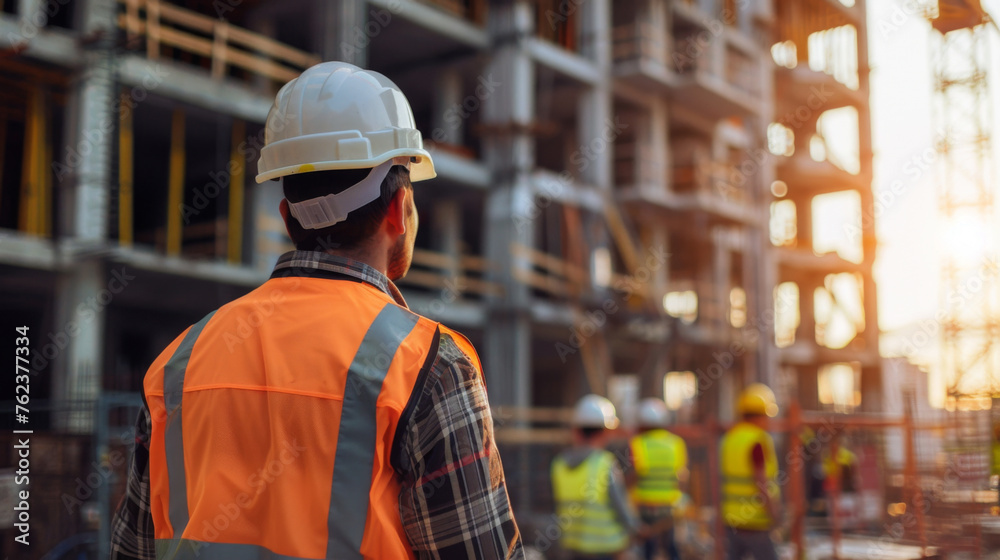 A construction worker in safety gear observes a busy building site against the backdrop of a setting sun. A construction worker in safety gear observes a busy building site against the backdrop of a setting sun.