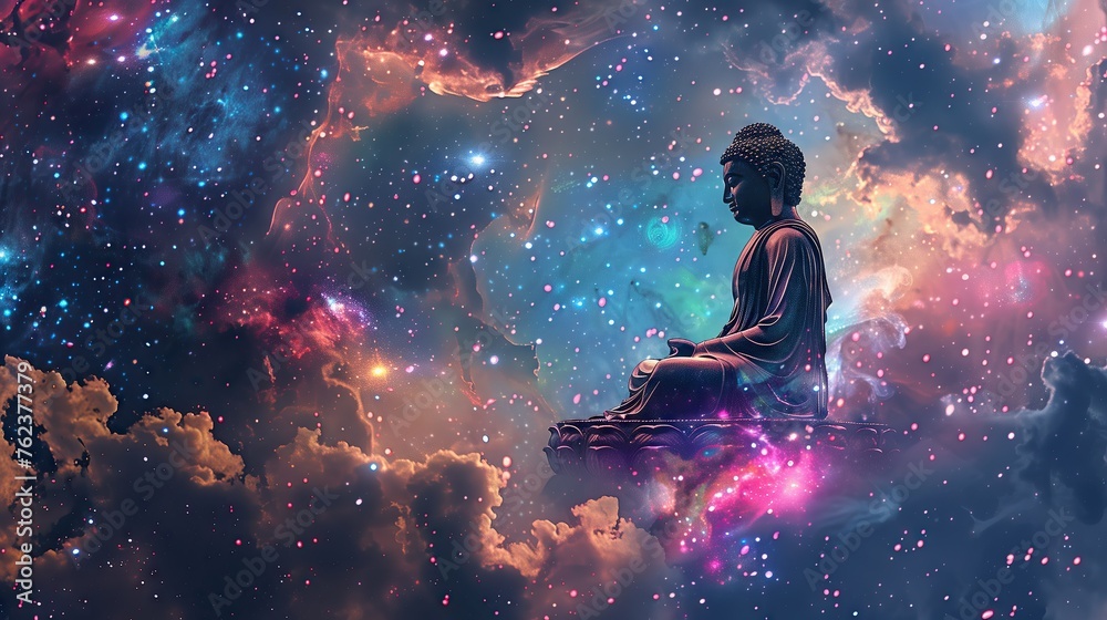 Cosmic Contemplation, buddha, meditation, cosmic, nebula, stars, enlightenment, tranquil, statue, pose, mystical, space, clouds, serenity, spirituality, universe, galaxy, peace, astral, zen, harmony