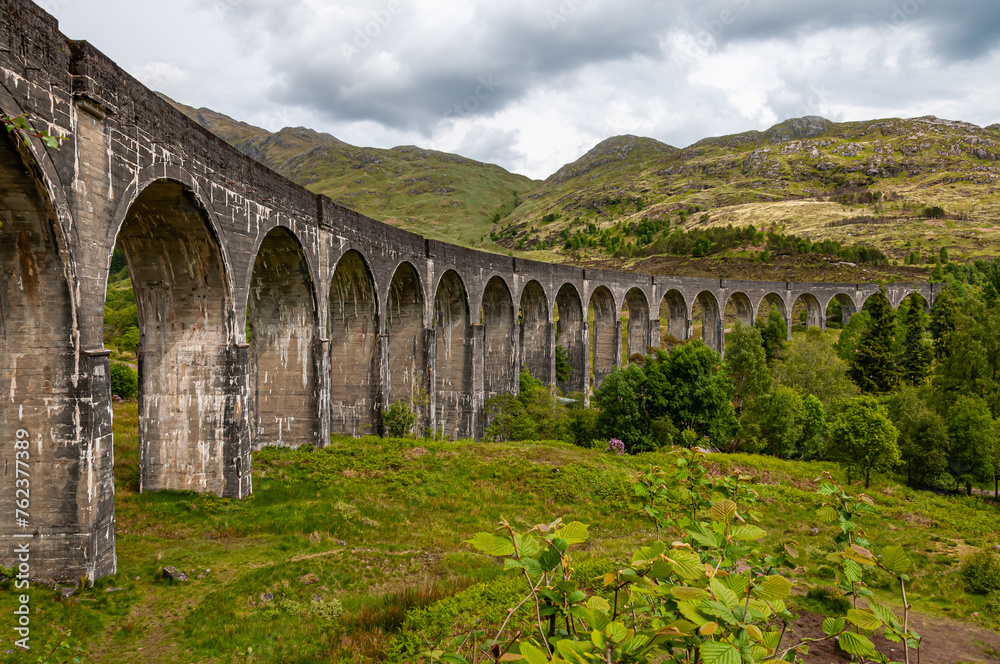 Scotland, UK. Mountain landscape . View of the railway viaduct.