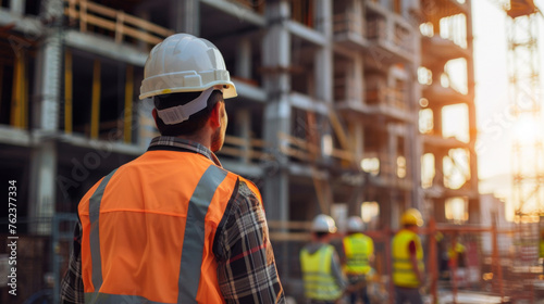 A construction worker in safety gear observes a busy building site against the backdrop of a setting sun.