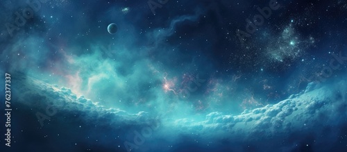 An elegant painting depicting a galaxy in space with a crescent moon against a backdrop of azure sky. Clouds of electric blue and cumulus add depth to the art