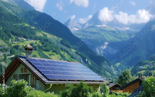 Sustainable Living Amidst the Mountains, sustainable, solar panels, house, mountains, green, valley, picturesque, lush, peaks, eco-friendly, renewable, energy, nature, alpine, landscape, technology © auc