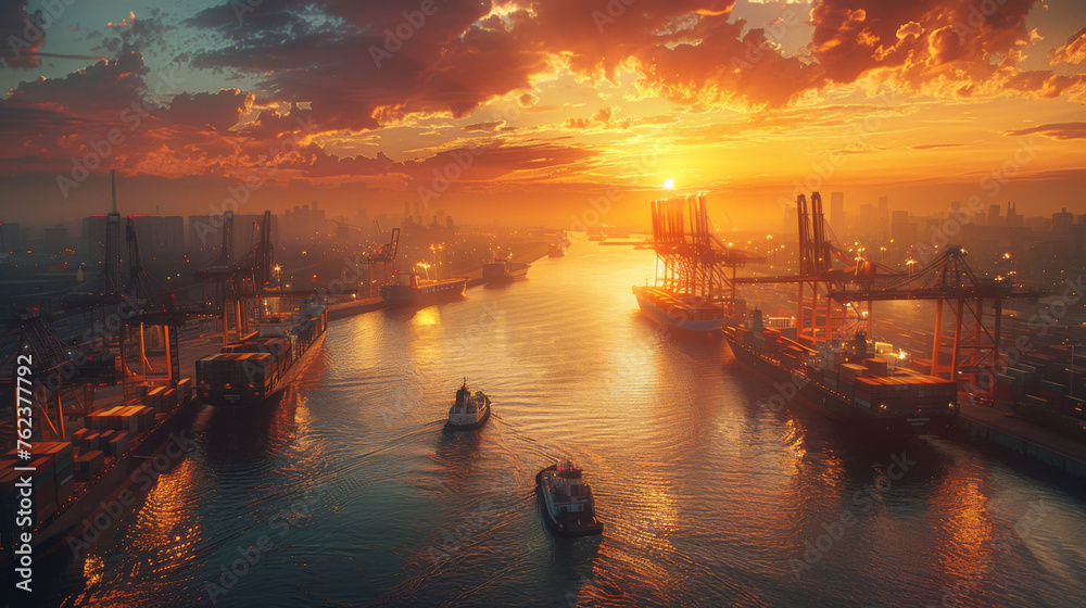 A breathtaking view of an industrial harbor bathed in the golden light of sunset, with ships and cranes silhouetted against the vibrant sky.
