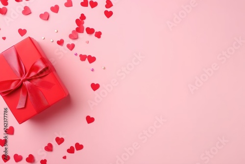 A luxurious pink gift box tied with a red satin ribbon on a matching pink background. © Anatolii