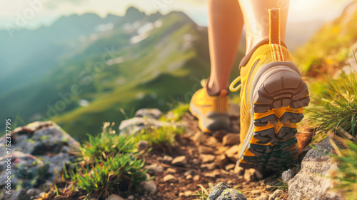 Close-up of legs of young hiker walking on the country path. Young woman trail waking. Focus on hiking shoes. Amazing mountain landscape on the background. travel, trekking, hiking concept