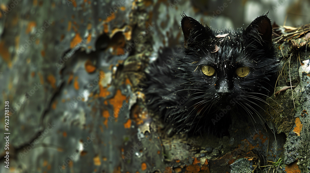 Black cat peeking out from behind a tree trunk, with a mysterious gaze ...