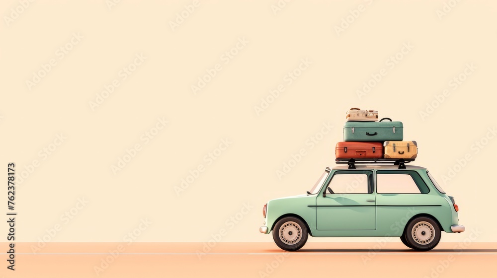 Cute little green car on a plain background with luggage on top. Vacation concept with copy space for your text	