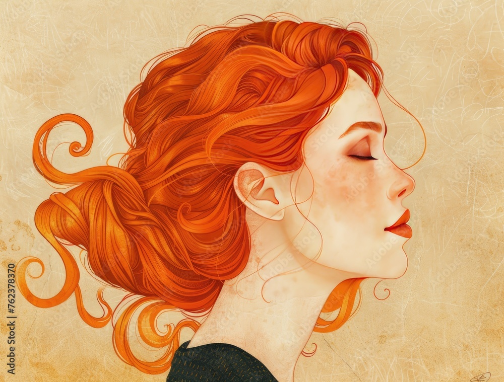 Red-Haired Woman in Contemplation, Artistic illustration of a woman with flowing red hair in profile, emanating a sense of calm and introspection