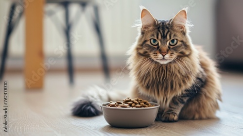 Close up cute cat eating from a bowl against blurred kitchen background, looking at camera with copyspace for text