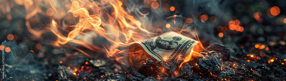 A dollar bank engulfed in flames against a surreal backdrop
A dollar bank engulfed in flames against a surreal backdrop