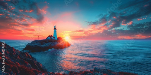 Lighthouse Standing on Rocky Shore.
